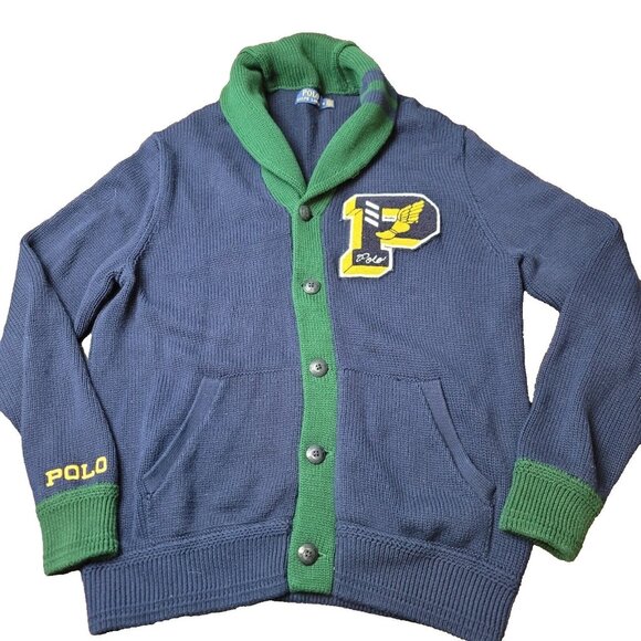 Polo Ralph Lauren Mens M P Wing Varsity Letterman Patch Cardigan Sweater Blue - Picture 1 of 9